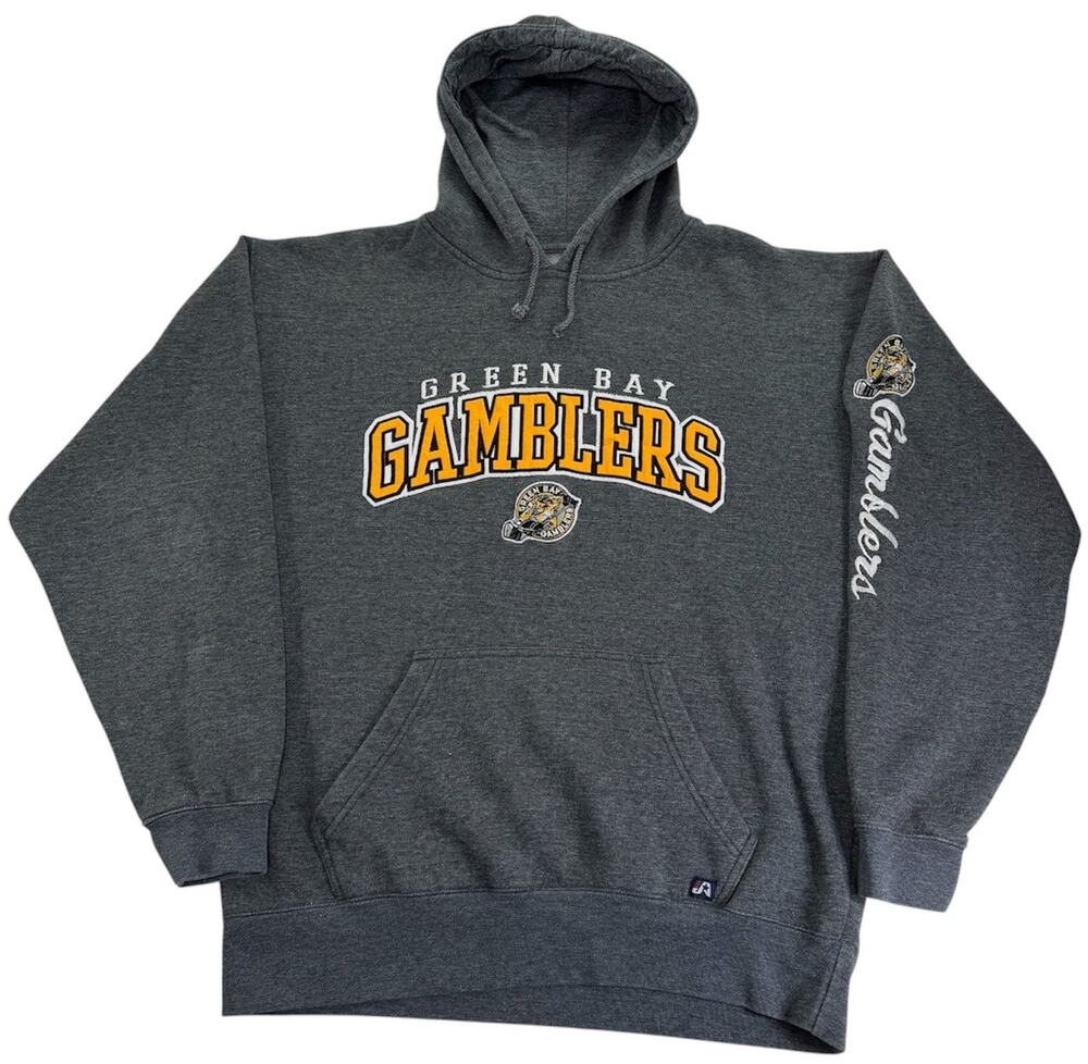 Green Bay Gamblers Hoodie Men's Large Grey Hockey J. America Pullover Sweatshirt